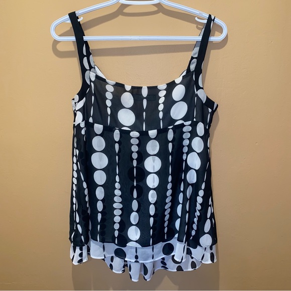ANNE KLEIN Polka Dot Print Tank Top Black White Double Lined V Neck Blouse - Picture 3 of 7